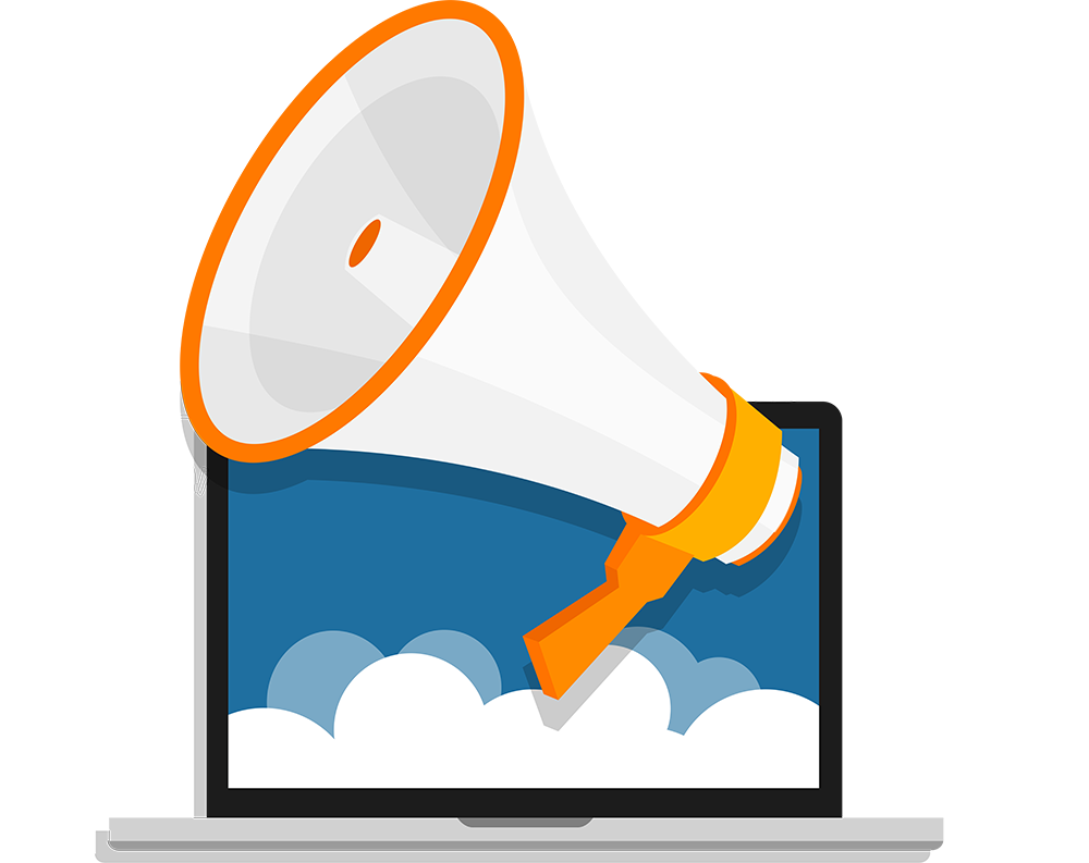 Picture of a megaphone in a laptop announcing the press releases
