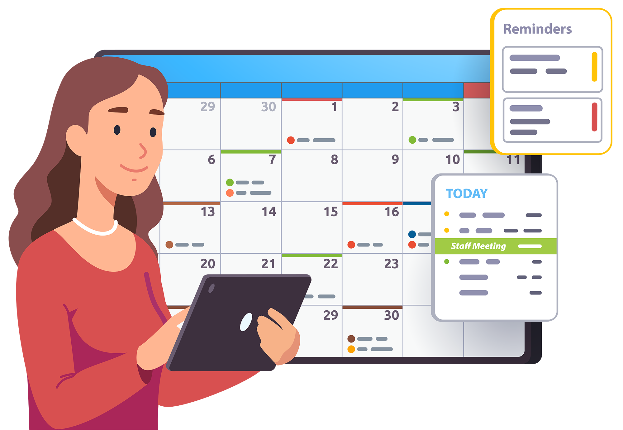 Picture of a lady looking at a calendar in her tablet device