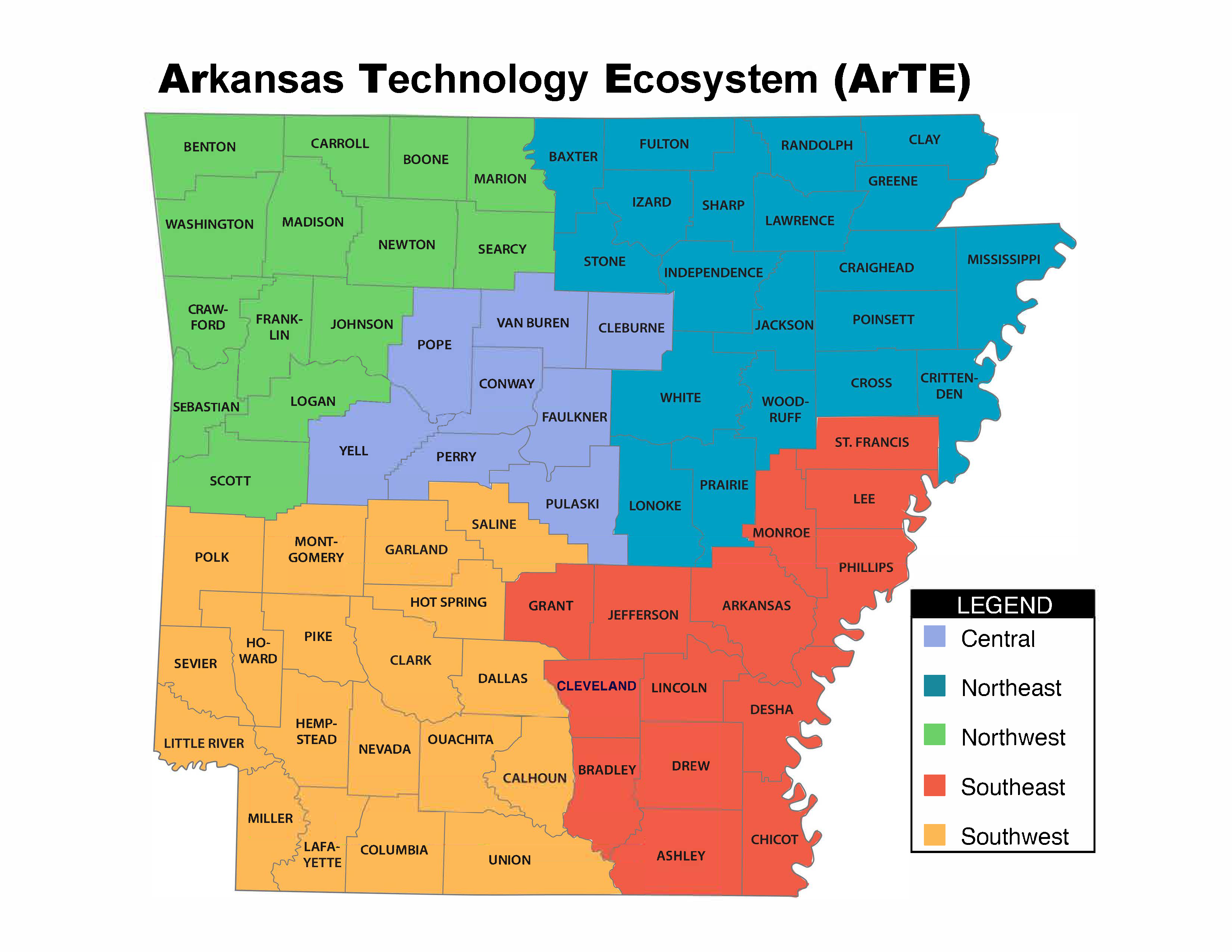 Map of Arkansas Technology Ecosystem. Five regions are within the state of Arkansas. Please visit the following site to identify which counties belong in which region: https://adhe.edu/File/ARTE Regions.pdf
